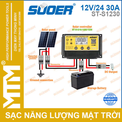 so do lap dieu khien sac nang luong mat troi PWM 12V 24V 30A ST S1230 Souer