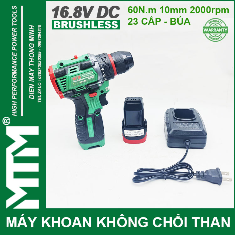 May Khoan Bat Vit Khong Choi Thang 16V MTM M168 10mm 60N 2000rpm 23 Cap Co Bua 1 Pin 1 Sac