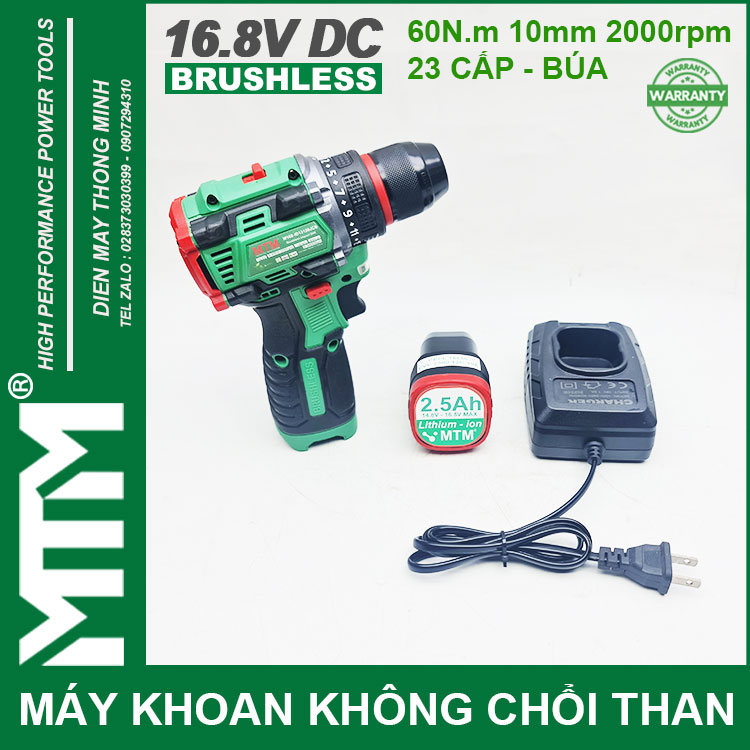 May Khoan Bat Vit Khong Choi Thang 16V MTM M168 10mm 60N 2000rpm 23 Cap Co Bua 1 Pin 2500mah 1 Sac