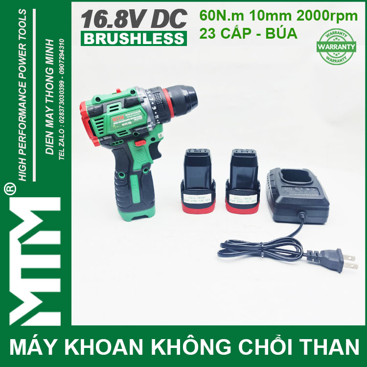 May Khoan Bat Vit Khong Choi Thang 16V MTM M168 10mm 60N 2000rpm 23 Cap Co Bua 2 Pin 1 Sac