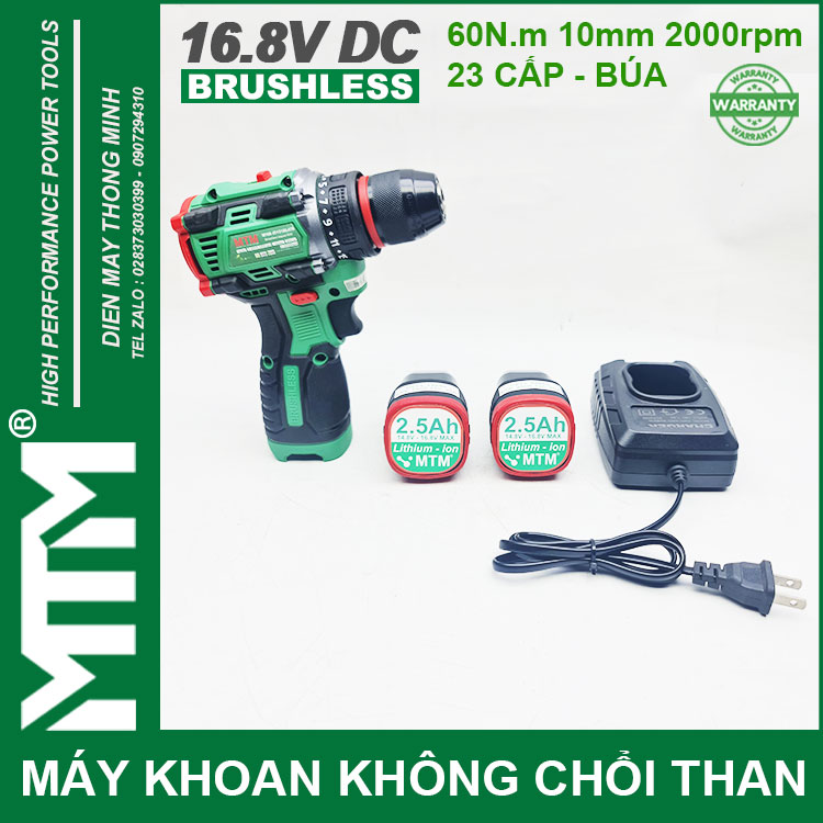 May Khoan Bat Vit Khong Choi Thang 16V MTM M168 10mm 60N 2000rpm 23 Cap Co Bua 2 Pin 2500mah 1 Sac