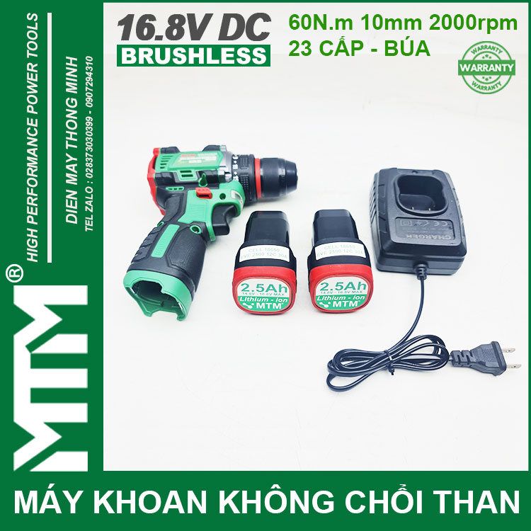 Bo May Khoan Bat Vit Khong Choi Thang 16V MTM M168 10mm 60N 2000rpm 23 Cap Co Bua 2 Pin 1 De Sac