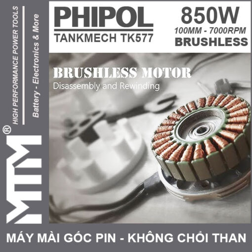 DONG CO motor May mai goc dung pin 21V 850W 100mm 7000rpm phipol TANKMECH TK577