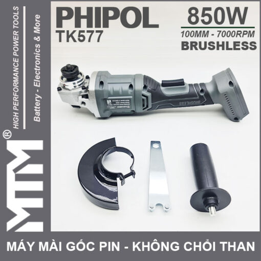 chuyen ban may mai goc dung pin 21V 850W 100mm 7000rpm phipol TK577