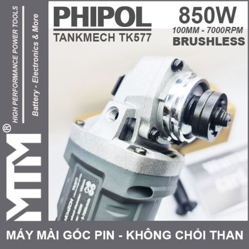 nut khoa may mai goc dung pin 21V 850W 100mm 7000rpm phipol TANKMECH TK577