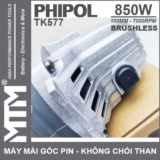 nut khoa may mai goc dung pin 21V 850W 100mm 7000rpm phipol TK577