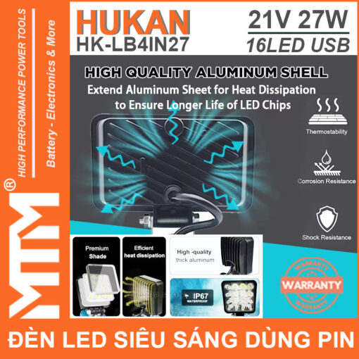 Den led du phong sieu sang 21V 27W 16LED cong sac USB pin chan pho thong Hukan HK LB4IN27 tan nhiet