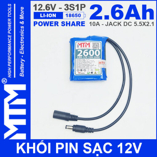 Khoi pin sac 12V 10A 3S1P jack DC 18650 MTM 2600mah 1