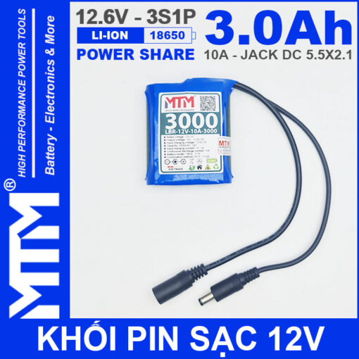 Khoi pin sac 12V 10A 3S1P jack DC 18650 MTM 3000mah 3