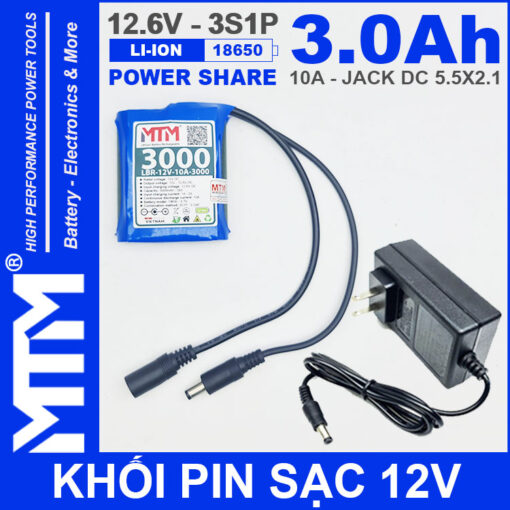 Khoi pin sac 12V 10A 3S1P jack DC 18650 MTM 3000mah kem sac