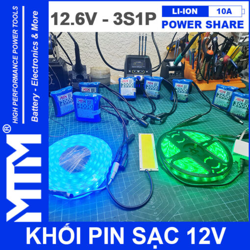 Khoi pin sac den led 12V 10A 3S1P jack DC MTM