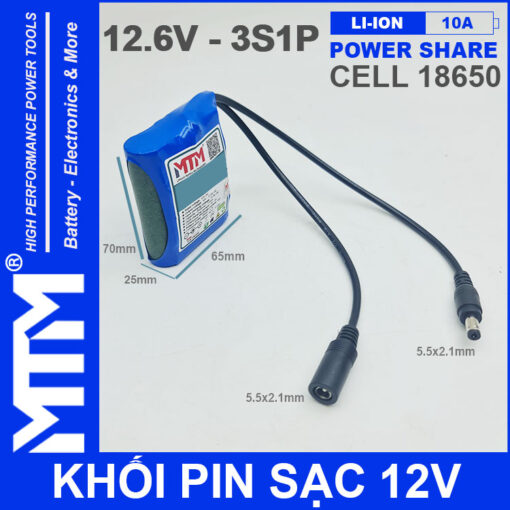 kich thuoc Khoi pin sac 12V 10A 3S1P 18650 jack DC MTM 1