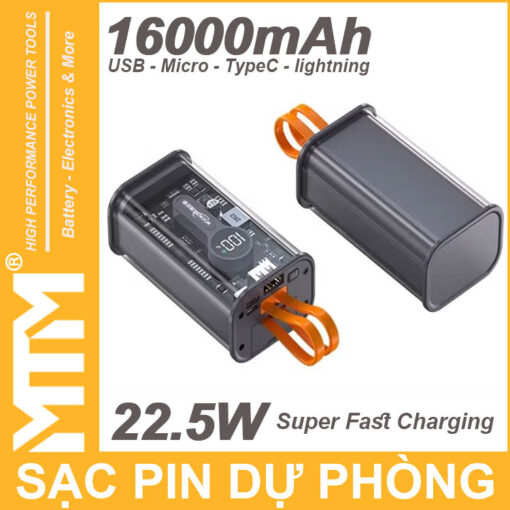 Pin sac du phong 16000mah USB Micro TypeC lightning LED bao pin sac nhanh nau den