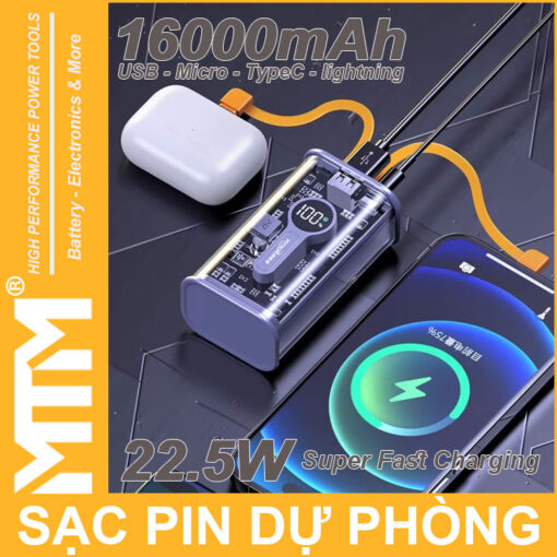 su dung pin sac du phong 16000mah USB Micro TypeC lightning LED bao pin sac nhanh