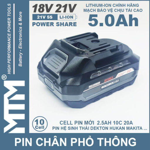 Pin chân phổ thông Makita 18V-21V 5.0Ah 10 cell mạch 80A chống sốc led báo pin 2 bên