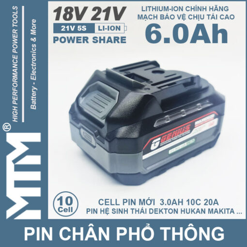 Pin chân phổ thông Makita 18V-21V 6.0Ah 10 cell mạch 80A chống sốc led báo pin 2 bên