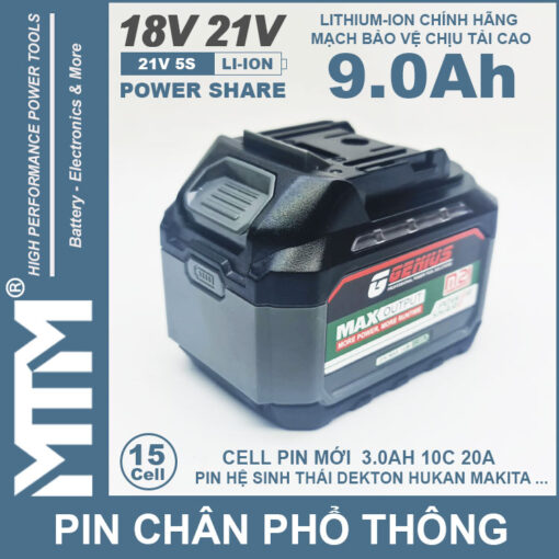 Pin chân phổ thông Makita 18V-21V 9.0Ah 15 cell mạch 80A chống sốc led báo pin 2 bên