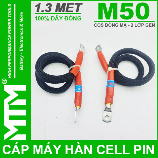Cáp máy hàn cell pin M50 1.3 mét - Cos đồng mạ bọc Gen 2 lớp