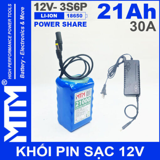 Khối pin sạc Li-ion 12V 21Ah 30A 3S MTM - jack nguồn DC 5.5x21mm kèm sạc