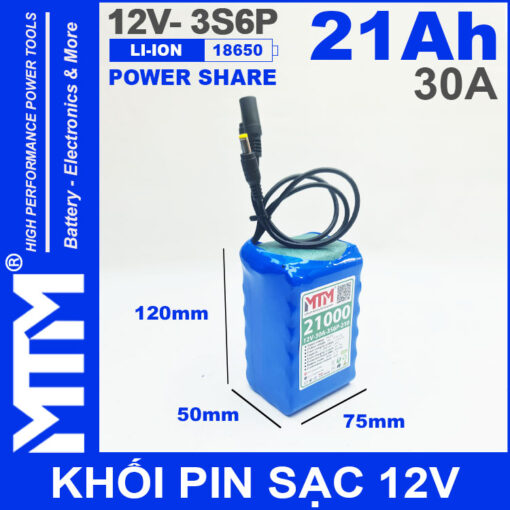 Pin 12V 30A 3S6P 18650 21Ah MTM kich thuoc 2